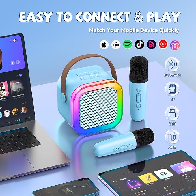 【2025 Newest】 Mini Karaoke Machine for Kids Girls & Boys - Portable Bluetooth Speaker with 2 Wireless Microphones - Kids Birthday Gifts for Ages 4-10 - Kids' Instrument Accessories - Blue