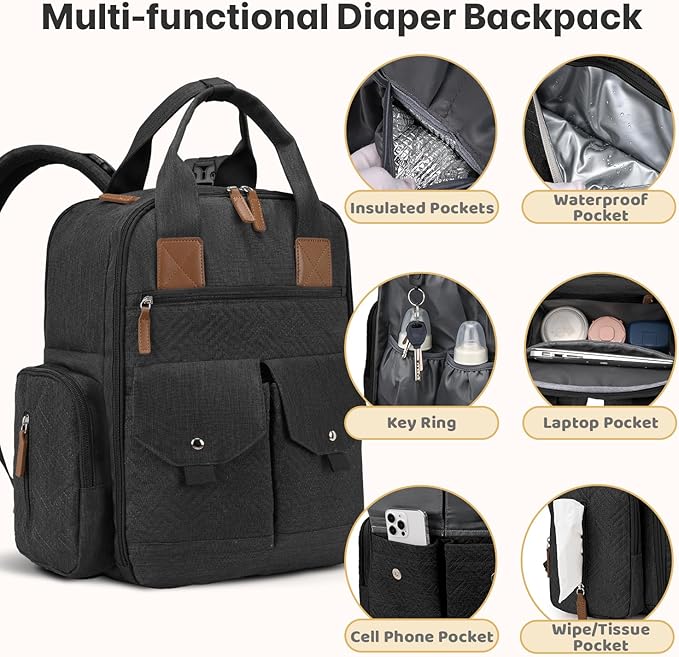 Diaper Bag Backpack - Large Diaper Bag with Portable Changing Pad as Baby Shower Gifts, Lightweight Waterproof Unisex Travel Baby Bag with 4 Insulated Pockets and Stroller Buckles, Black