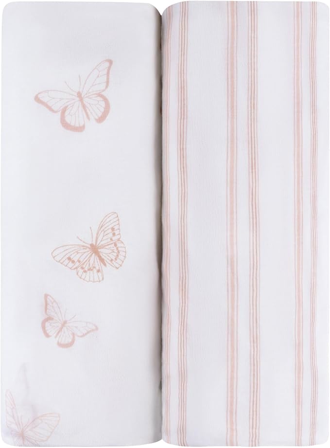 Ely’s & Co. Changing Pad Cover, Diaper Changing Table Sheets, 2 Pack, Cradle Sheet Set for Baby Girls, 100% Jersey Knit Cotton, 32”x16”x5” Pink Butterfly + Stripe Collection
