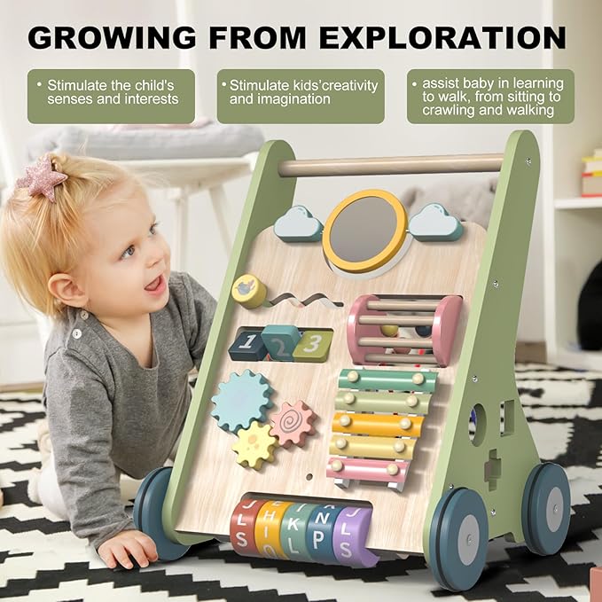 Wooden Baby Walker Wheels,Baby Push Walker for Babies 6-12 Months Montessori,Toddler Walker Push Toy Wooden Activity Walker for Baby Boy,Walking Toys for 1 Year Old Learning to Walk Girl Christmas