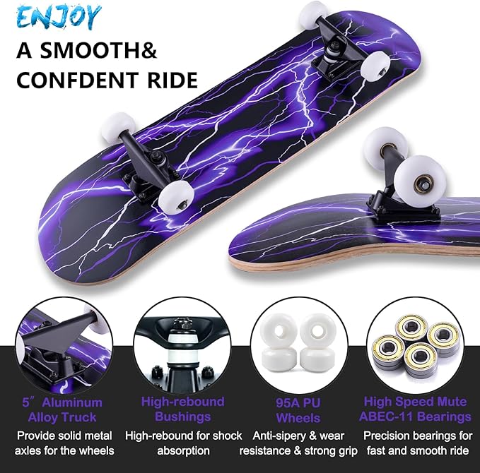 Skateboard,31 x 8 Inch Complete Skateboard, 8-Layer Maple Wood Deck Double Kick Standard Skateboards for Kids, Teens, Adult, Beginner