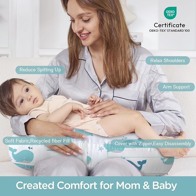 Little Grape Land New Nursing Pillow for Breastfeeding, Larger Breast Feeding Pillow and Positioner with Removable Cover for More Support, Tummy Time and Bottle Feeding Support Pillow, Whale