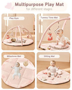 Fortella Baby Play Gym & Activity Mat, Tummy Time Mat w 5 Detachable Toys and Pillow, Large Sensory Playmat for Floor, Newborn Infant Baby Essentials Shower Gift 0-3-6-9-12 Months (Rose Pink)