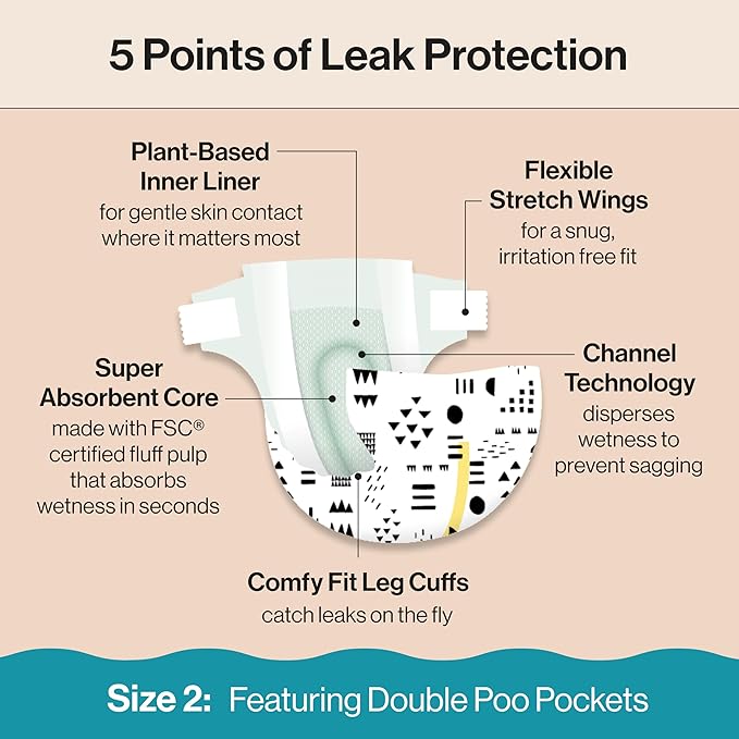 The Honest Company Clean Conscious Diapers for Delicate Skin | Up to 100% Leakproof | Hypoallergenic, Fragrance Free | Gender Neutral | Club Box, Size 2 (12-18 lbs), 72 Count (Prints May Vary)