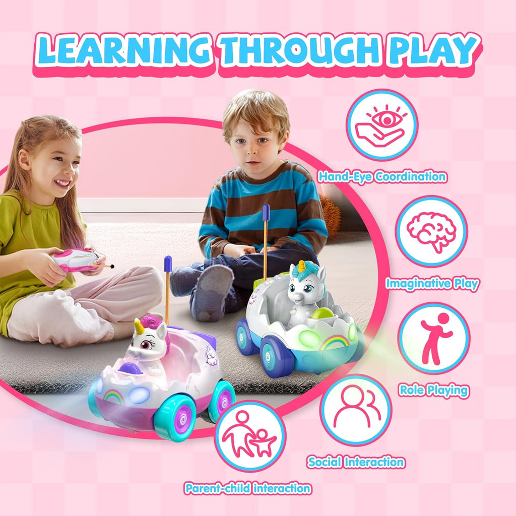Unicorn Toys for Girls Remote Control Car for Toddlers 1-3 2 Pack RC Cars with LED Lights & Music Toys for Ages 2-4 Birthday Gifts for 4-6 6-8 Year Old (Unicorn)