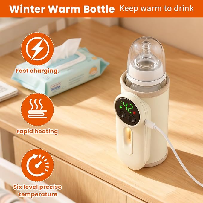 Portable Baby Bottle Warmer Precise Temperature Control via Display Accurate Heating Long-Lasting Battery Life Keeps Warm for 5-8 Hours Charge While Feeding Perfect for Traveling with Baby