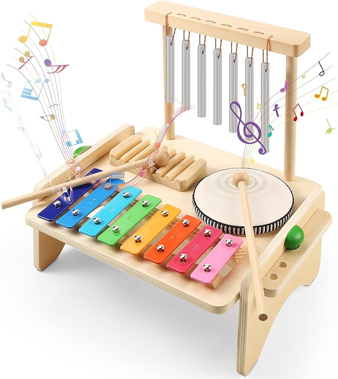 Kids Drum Set,Baby Musical Instrument for Toddler,Wooden Xylophone for Toddlers with Baby Drum Set and Wind Chime,Montessori Musical Instruments Toys for Kids,Musical Toys for Toddlers Birthday Gift