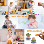 Montessori Toys for Babies 6-12 Months, 4 in 1 Soft Baby Teething Toys, Stacking Building Blocks & Rings for Infants, Sensory Bin Toy