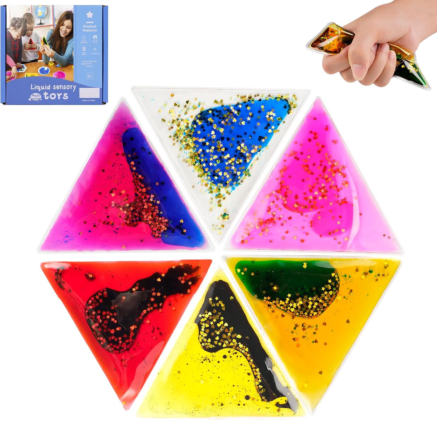 Sensory Soft Gel Liquid Toys: Water Sensory Toys for Autism Kids Sensory Fidget Toys 6-Pack Triangular
