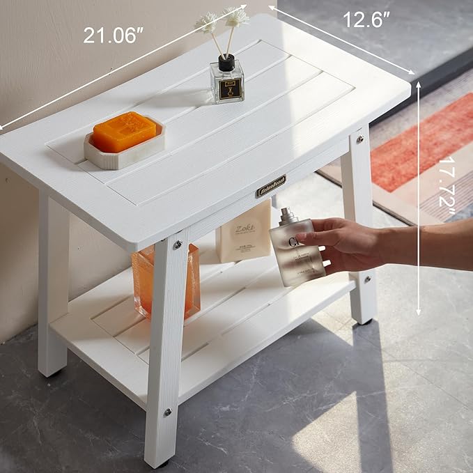 Large Waterproof Shower Bench for Inside, HDPS White Shower Stool for Shaving Legs, Spa Bath Chair Seat for Bathroom, Indoor/Outdoor Use, No Maintenance, Weight Capacity 500LBS