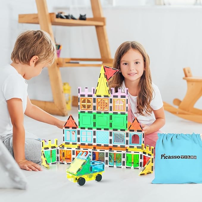 PicassoTiles Magnetic Tiles 61 Piece Magnet Tile Building Blocks Construction Sensory Toy Set with Carry Bag Storage Bin Container STEM Toddler Learning Educational Pretend Play Boy Girl Ages 3+ PT07