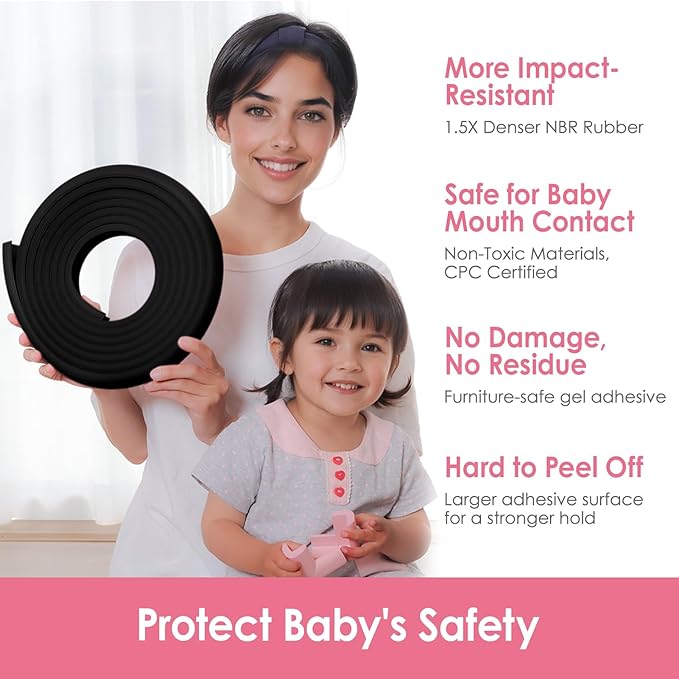 Baby Proofing Corners and Edges Protector Guards (16.5FT Edge +8 Corners), Soft Rubber Foam Edge Protector with Removable Double Sided Tapes, Furniture Table Bumper Guard for Baby Safety-Black