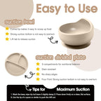 Baby Led Weaning Supplies, 17 Piece BPA-Free Silicone Feeding Set, Eating Essentials Baby Utensils with Suction Plate and Bowl, Pocket Bib, Sippy Cup with Lid, for 6+ Months, Beige