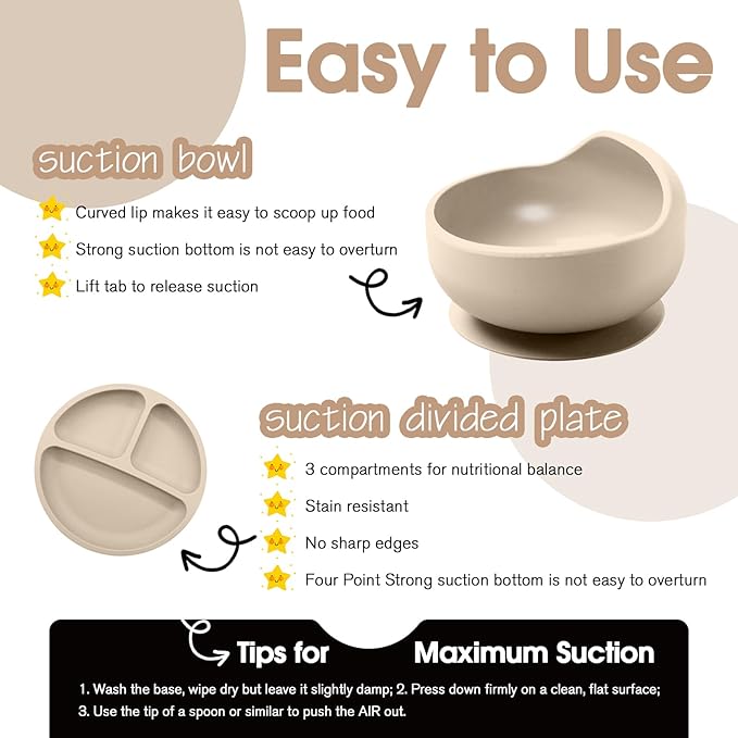 Baby Led Weaning Supplies, 8 Piece BPA-Free Silicone Feeding Set, Silicone Suction Bowl, Forks & Spoons, Bib & Cup, Develops Self Feeding Skills, Dishwasher Safe, for 6+ Months (Beige)