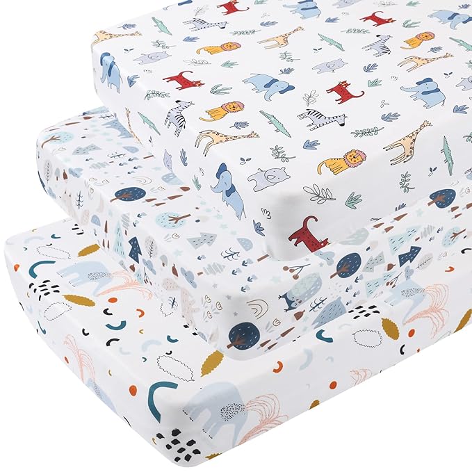 Onacosht Pack and Play Sheets 3 Pack for Baby Boy, Stretchy Jersey Knitted Portable Mini Crib Sheets Playard Mattress Cover, Woodland Animal Elephant Fox Lion Bear Giraffe Zebra Printing