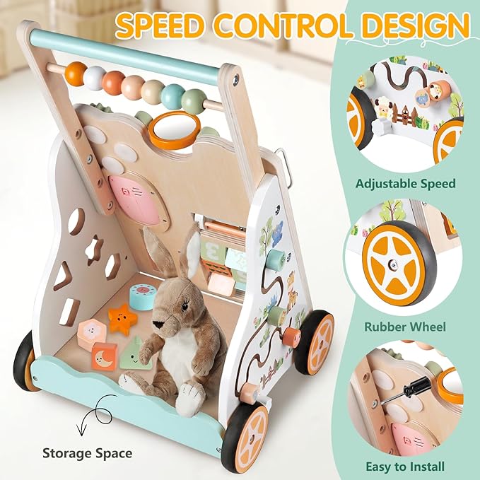 Wooden Baby Walker with Wheels, Push Walker with Baby Activity Center, Montessori Walking Toy for 1 Year Old Girls Boys, Ajustable Speed & Height Activity Toy for Toddler Learning to Walk 12+ Months