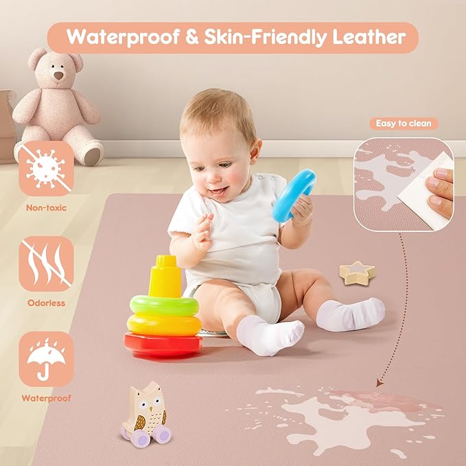 Padded Baby Play Mat, Super Soft Vegan Leather Floor Mat for Baby Girls and Boys, 48x48 Non-Slip Thick Foam Cushioned Play Mat for Babies 6-12 Months, Fits Nicely Into 50x50 Playpen Mat, Pink