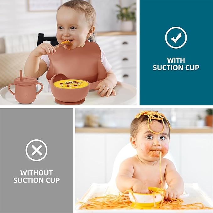 100% Silicone Baby Feeding Set,BPA Free Baby Dishes Set with Suction Bowl Divided Plate,Toddler Self Feeding Dish Set with Spoons Forks Sippy Cup and Bib, Baby Eating Utensils(Carrot)