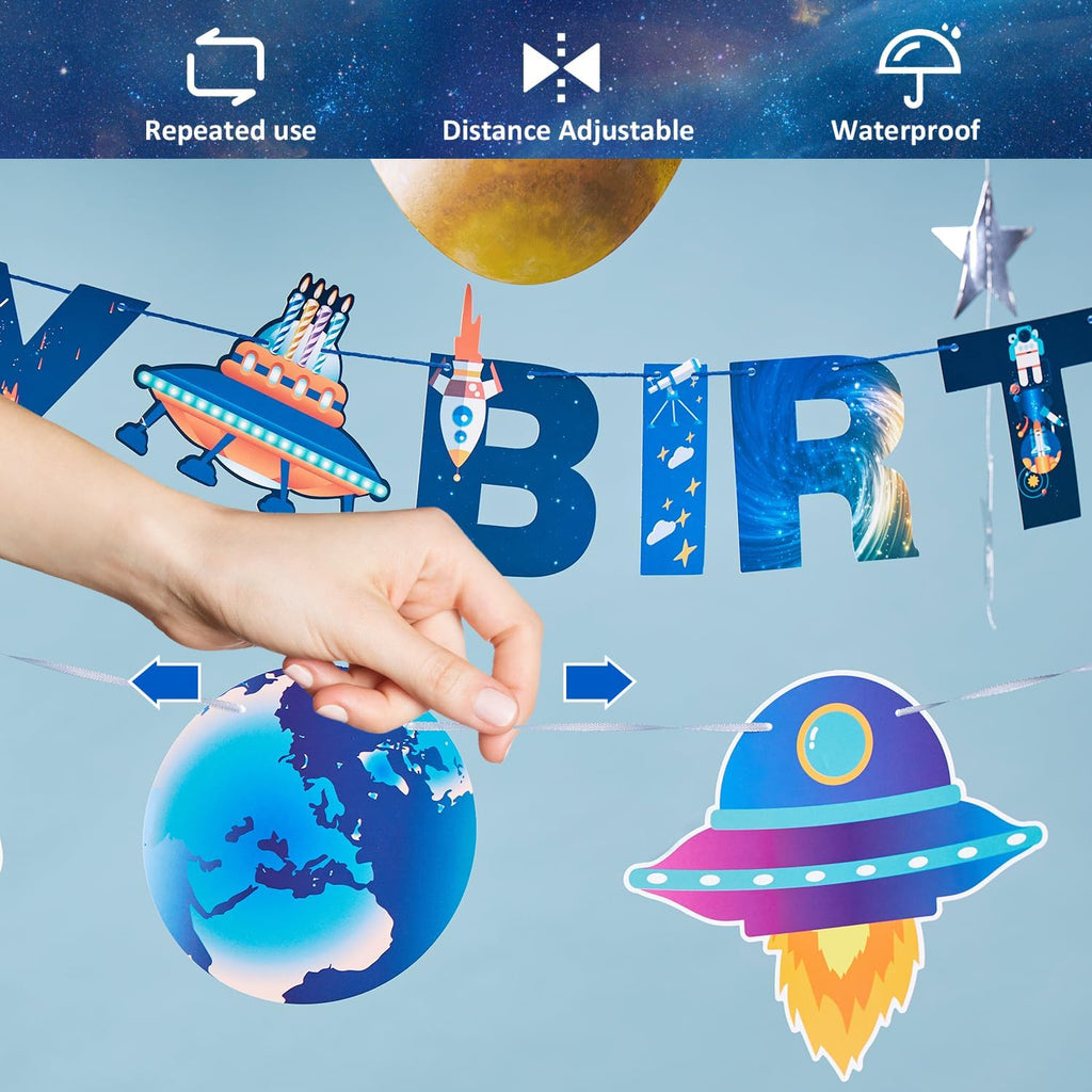 Pre-strung Birthday Party Decorations Outer Space themed Set, with 2 Banners, 10 Solar System Planet Swirl Streamers, Hanging Dazzling Star Garlands for Kids Teens Party Decoration Gifts