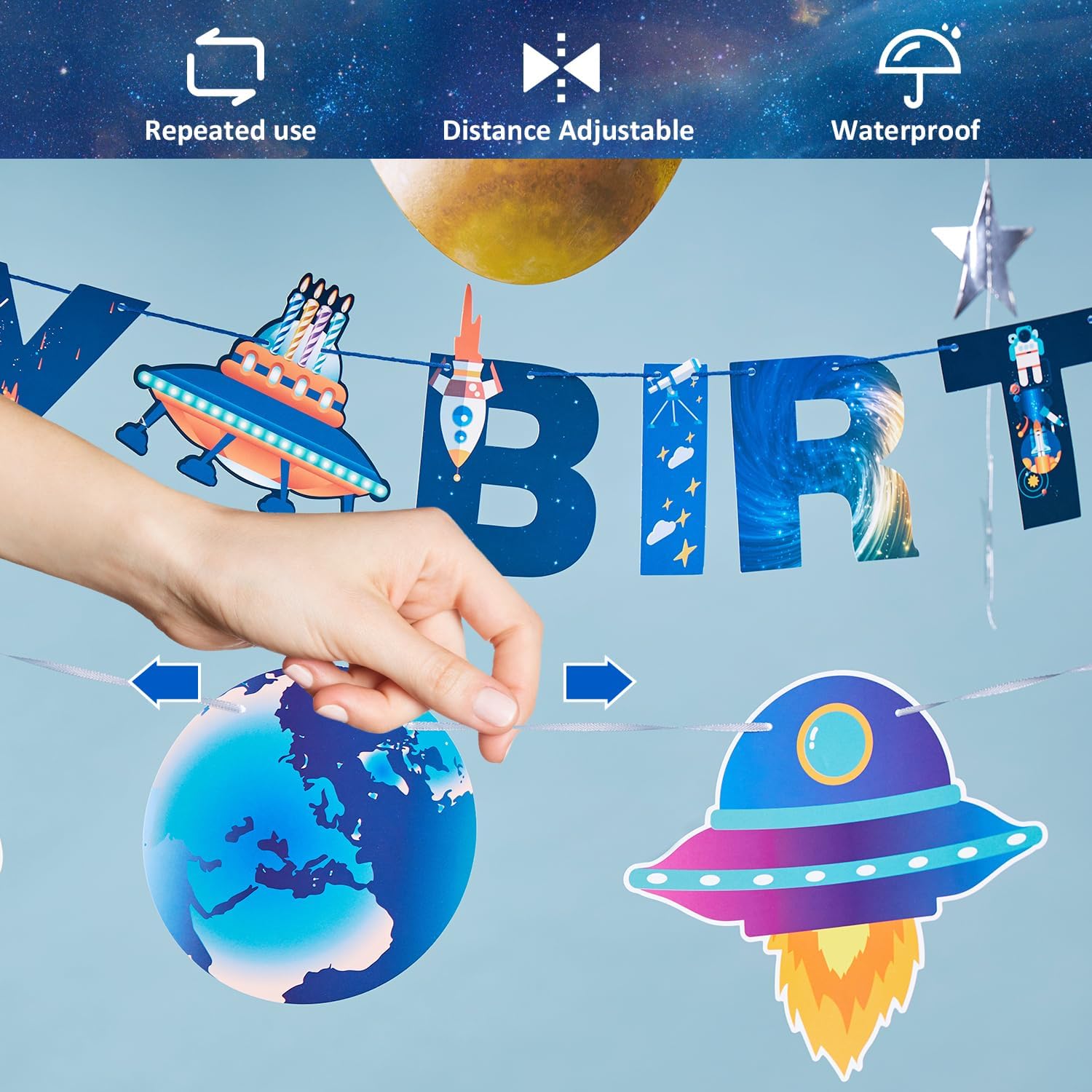 Pre-strung Birthday Party Decorations Outer Space themed Set, with 2 Banners, 10 Solar System Planet Swirl Streamers, Hanging Dazzling Star Garlands for Kids Teens Party Decoration Gifts