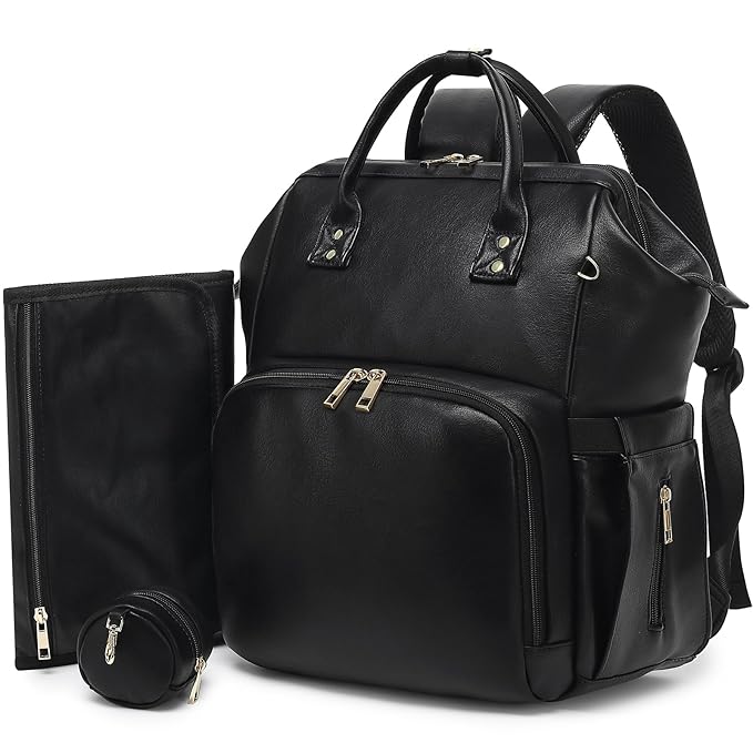 Premium Vegan Leather Diaper Bag Backpack with Waterproof Changing Pad – Reinforced Stitching & Zippers, Baby Bag for Boy Girl, Stroller Straps, Ergonomic Design for Traveling Moms, Black