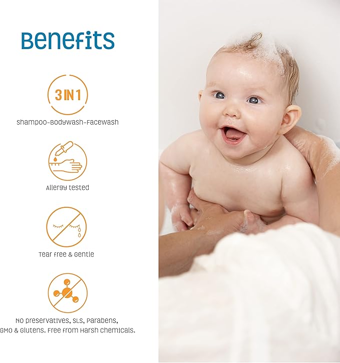 Nature's Baby 3 in 1 Baby Shampoo, Body Wash and Face Wash, Formulated for Problem and Sensitive Skin, No Sulfate or Artificial Fragrances, Vanilla Tangerine, 16 oz