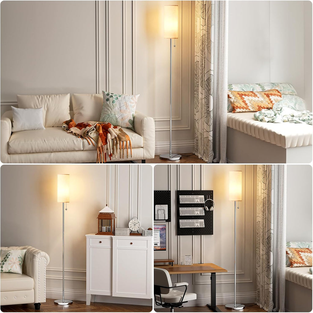 Ambimall Floor Lamp for Living Room with 3 Color Temperatures Bulb, 64" Standing lamp with Linen lampshade for Bedroom, Minimalist Pole Lamp, Beige Shade & Silver Pole