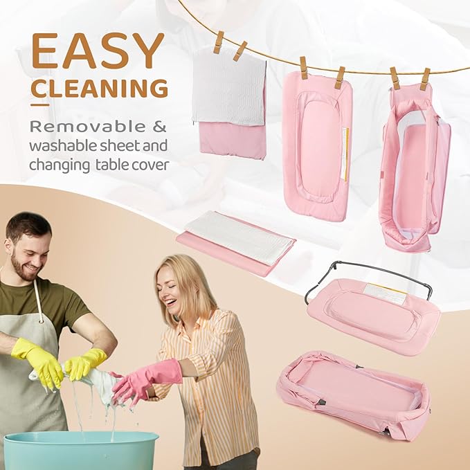 JOYMOR 7 in 1 Bedside Bassinet with Changing Table, Baby Girl Bassinet, Pink Bedside Sleeper with Mattress, Sheet, Canopy, Storage Shelf