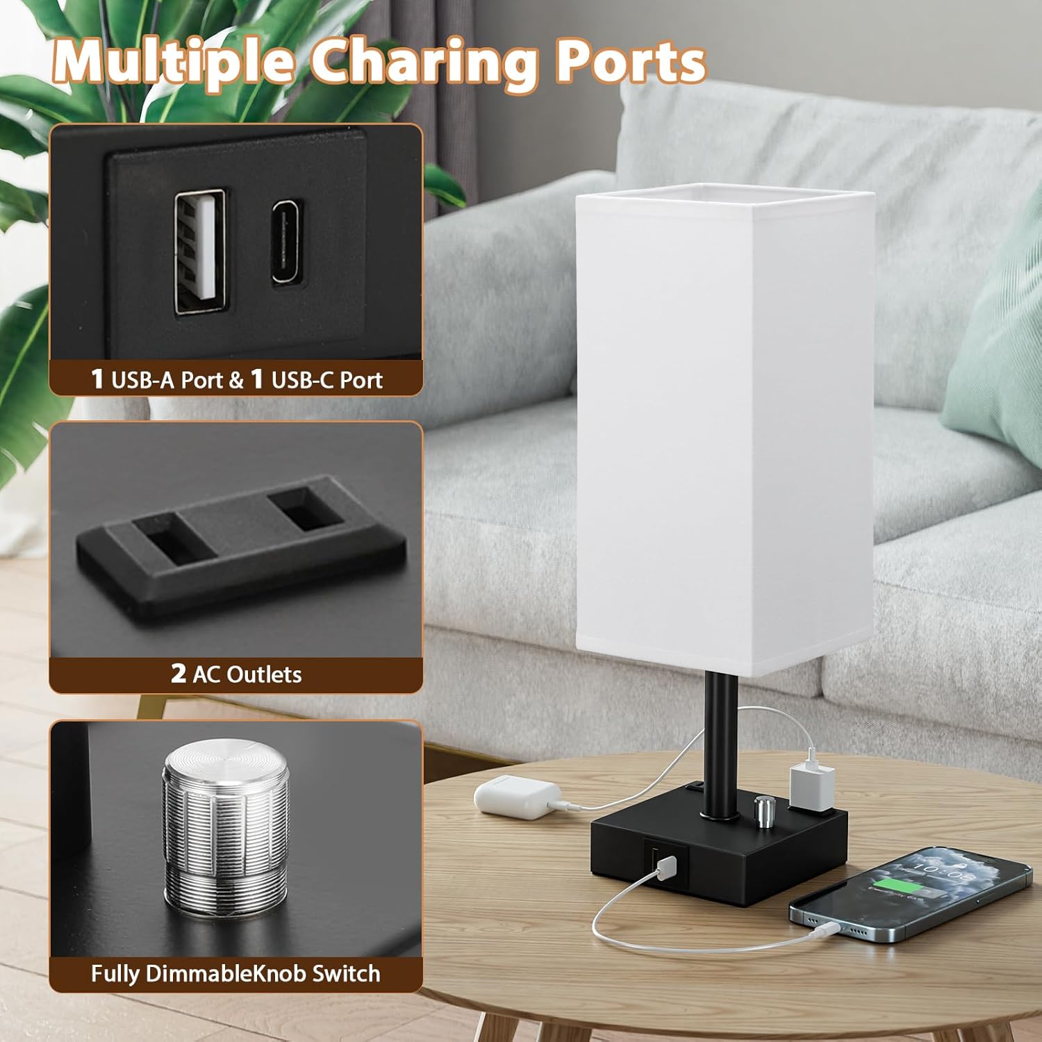 White Fully Dimmable Nightstand Lamps Set of 2 - Table Bedside Lamp with USB C+A Charging Ports & 2 AC Outlets, Square Lamp Sets Linen Fabric Shade for Bedroom Living Room(Bulb Included)