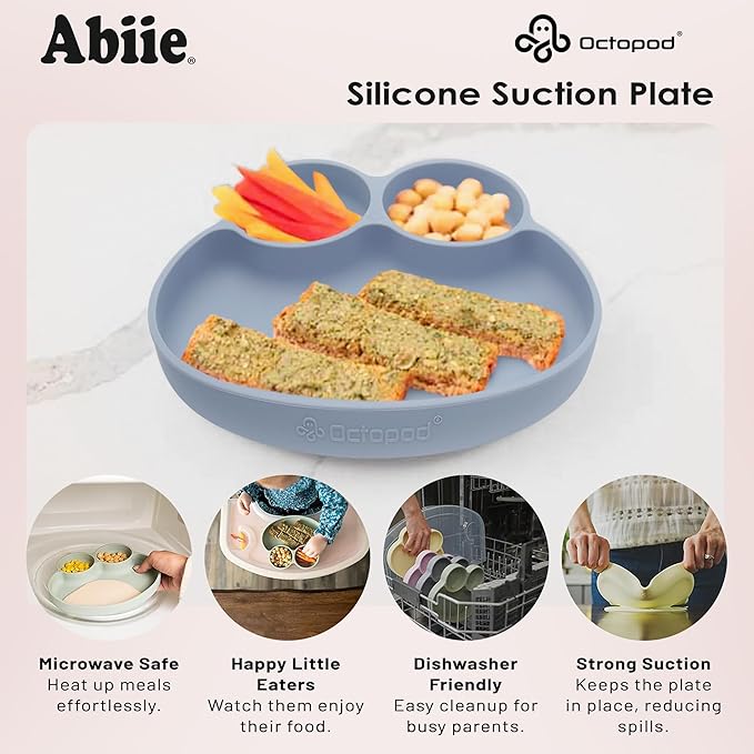 Abiie Octopod Frog Silicone Plates with Suction - Spill Proof, Easy to Clean - BPA-Free Bowl - Suction Plates for Baby and Toddler - Training & Feeding Divided Grip Dish (Pink Lavender)