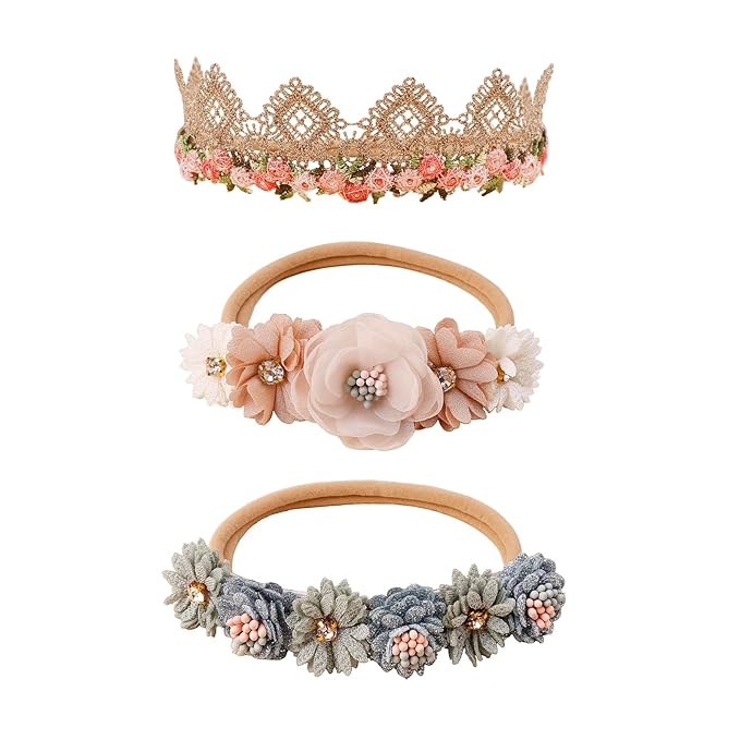 Baby Girl Nylon Headbands Flower Hair Bows Accessories-Elastic Hair Band Crown Handmade FLoral Wraps Birthday Gifts for Girls Newborn Infant Toddler 3Pcs