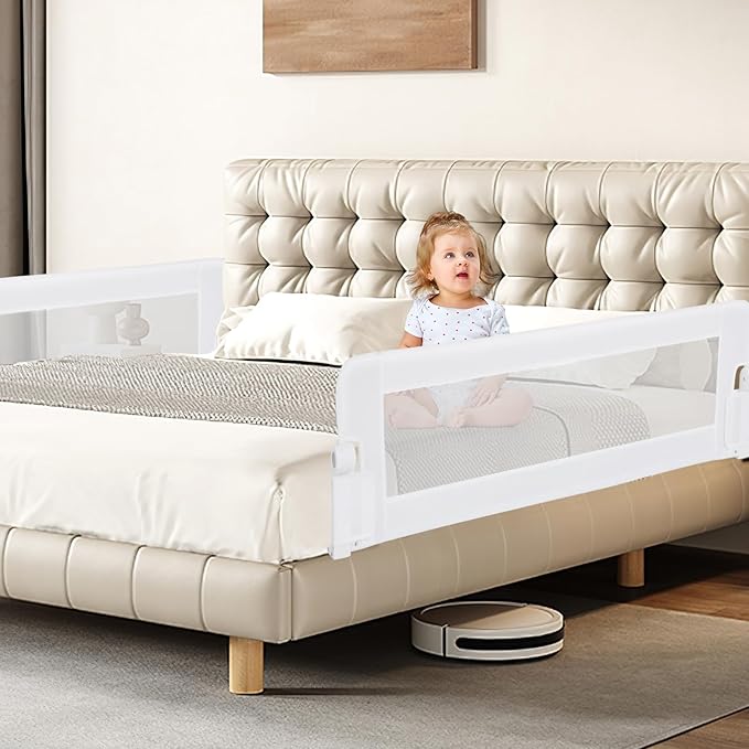 BABY JOY Double Sided Bed Rail Guard, 2 Pack, Extra Long, Swing Down for Convertible Crib, Folding Baby Safety Bedrail for Kids Twin Full Size Queen King Mattress, Rails for Toddlers (White, 60")