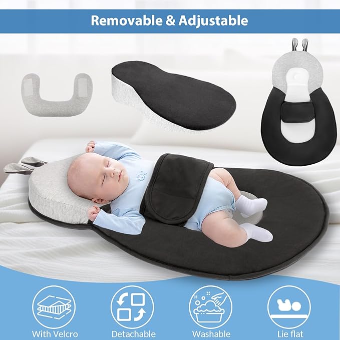 Baby Lounger,Pillow with Safety Straps, Dual-Function Removable Machine-Washable Pad, Lightweight & Portable（Gray）