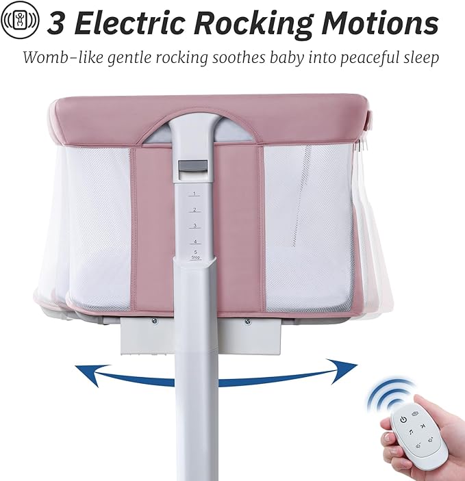 Electric Bassinet for Baby, 3 Speeds Automatic Rocking Bassinets with All mesh, 5 Height Adjustment Bedside Crib for Nweborn, 8 Music, Wheels, Pink