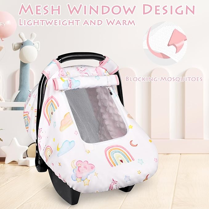 Baby Carseat Cover Girls, Pea Pod Unicorn Infant Car Seat Covers Canopy for Newborn with 2 Layers Windows of Breathable Mesh/Fabric, Lightweight Polyester/Minky Dot Backing, Snug Fit