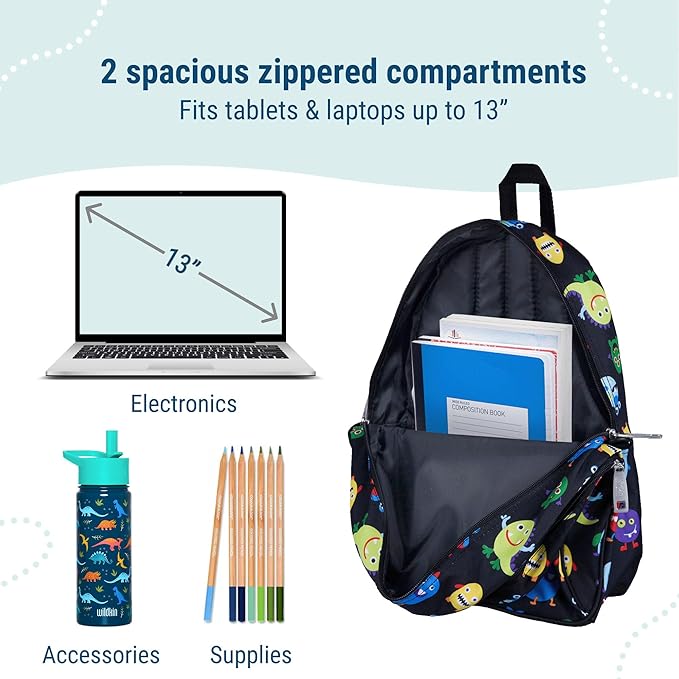 Wildkin 15-inch Kids Backpack – Durable, Padded, Adjustable for School & Travel - Monsters