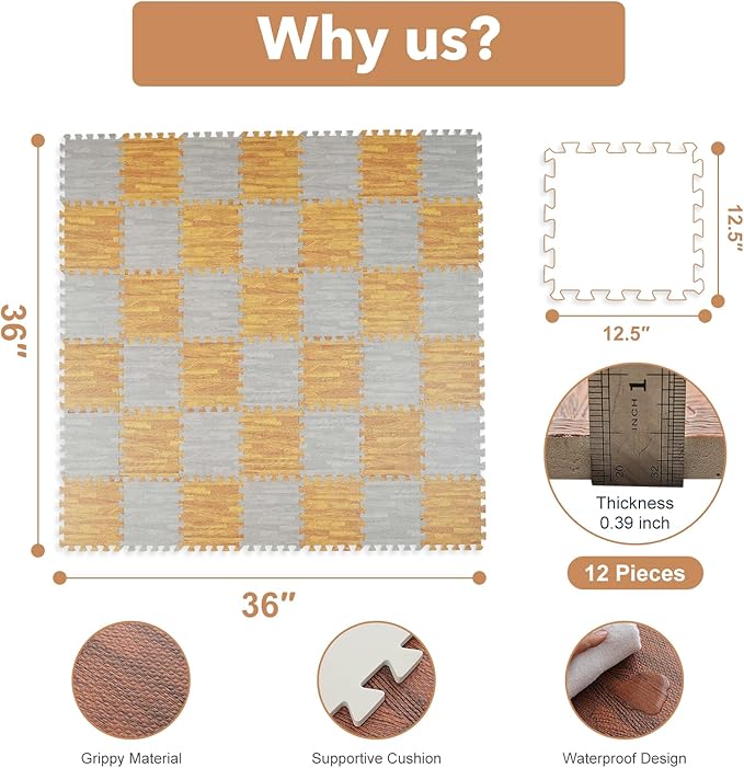 Skyweaver 24 Tiles Soft Non-Toxic Baby Play Mat for Floor EVA Foam Jigsaw Puzzle Play Mat, Interlocking Squares with 0.6inch for Babies, Toddlers & Kids Gym, Nursery, Playroom, Gray