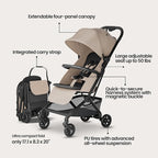 Mompush Velo Lightweight Travel Stroller – One-Hand Fold, Ultra-Compact & Airplane Friendly, Lie-Flat Recline Seat (from Birth to 50 lbs), Includes Cup Holder, Shoulder Strap, and Leather Bumper Bar