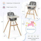 BABY JOY Baby High Chair, 3-in-1 Convertible Wooden Highchair for Babies & Toddlers, Infant Feeding Chair w/ 5-Point Safety Harness, Footrest, Adjustable Legs, Removable Tray & PU Cushion (Dark Gray)