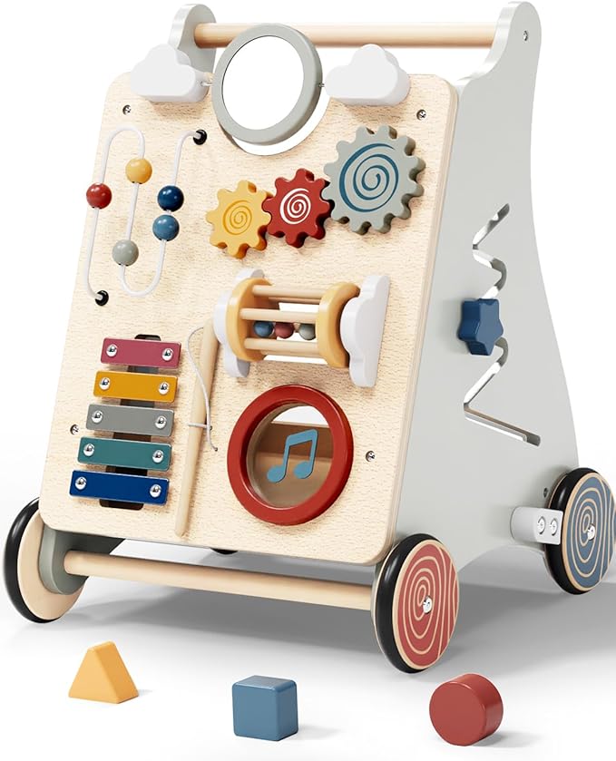 Baby Push Walker with Detachable Busy Board, Wooden Baby Walker with Adjustable Speed Wheels, Montessori Push Walker for Babies, Push Walking Toys for Boys & Girls 1 Year Old, Gifts for Toddler