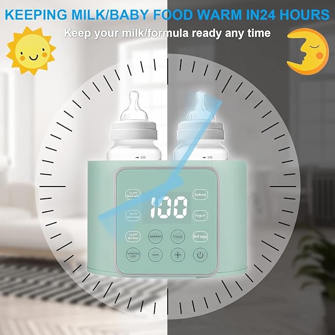 Baby Bottle Warmer 9-in-1 Multifuntion Breast Milk Warmer, Fast Baby Food Heater and Defrost Warmer with Timer for Twins, LCD Display Accurate Temperature Adjustment, 24H Constant Mode-Green