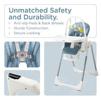 KÜB 3-in-1 Foldable Baby High Chair, 7 Height & 4 Recline Adjustable Seat & Tray for Easy Clean, 2 Locking Wheels, Multifunctional Infant High Chairs for Babies and Toddlers (Blue, with Toys)