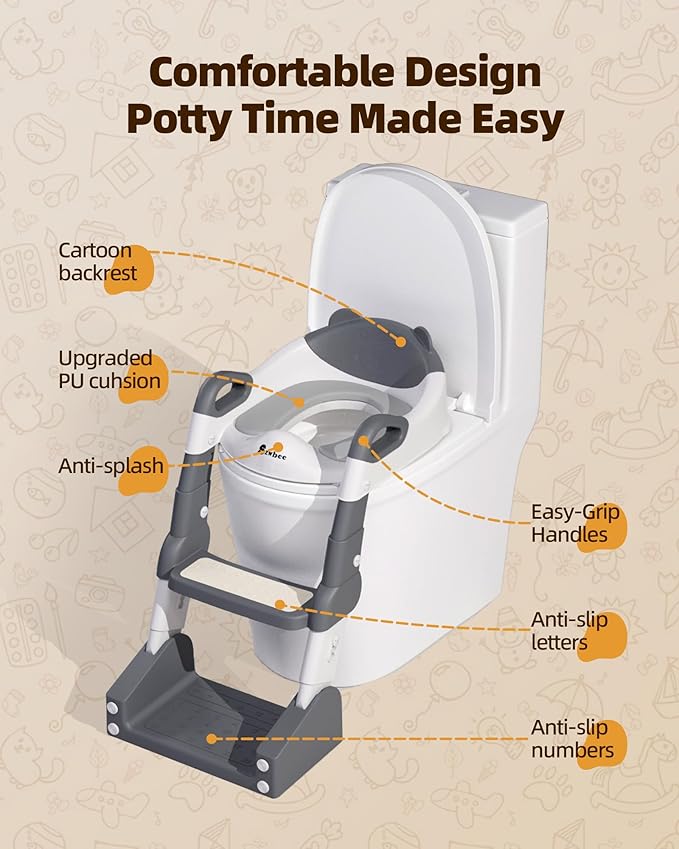 3-in-1 Potty Training Toilet, Toddler Toilet Seat with Step Stool, Foldable Potty Ladder with Potty Chart, PU Cushion, Splash Guard, Anti-Slip Steps & Urinal for Boys & Girls, Grey
