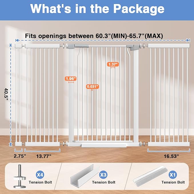 60.2"-65.7" Baby Gates Extra Wide, 40.5" Tall Dog Gate Indoor, Walk Through Pet Gates for Doorways Kitchen No Drilling Auto Close Pressure Mounted Safety Child Toddler Gate, White
