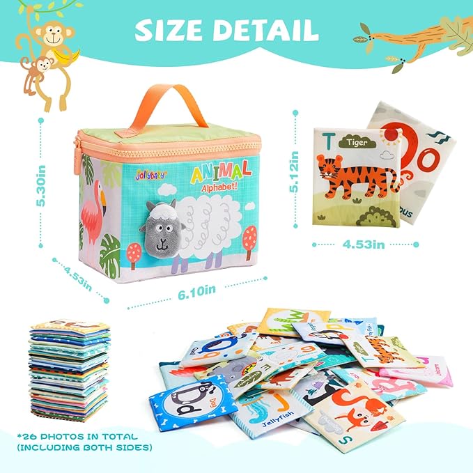 Jollybaby Reusable Soft Cloth ABC Alphabet/Letters Animal Flash Cards for Baby 0-3-6-9-12-18 Month, Curious Baby First Words Learning Activity Flashcards, Tummy Time Toy Gift for 1 Year Old Boy Girl