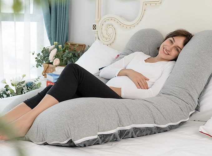 Meiz Pregnancy Pillows Cooling, Pregnancy Pillow U Shaped, Full Body Pillow and Maternity Pillow for Support Neck/Back/Legs with Pregnancy Pillow Cooling Jersey Cover & Velvet Cover, Grey