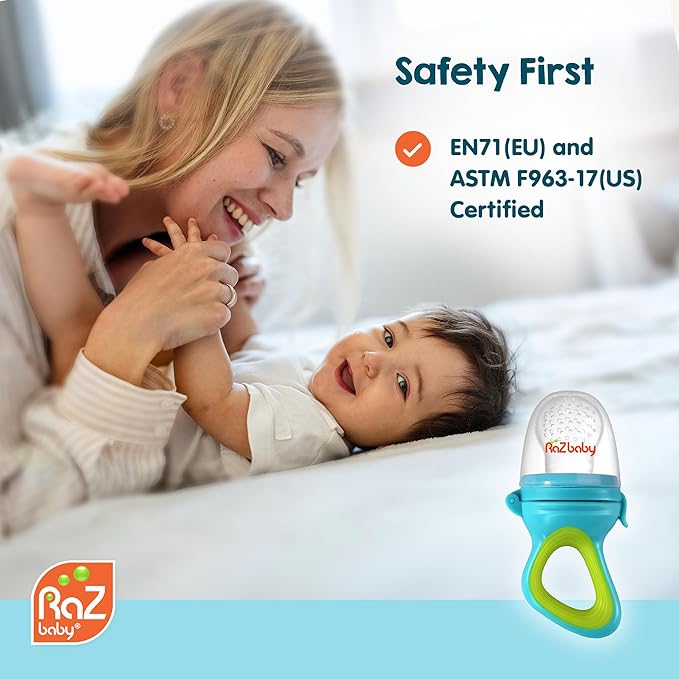 RaZbaby Baby Solids/Frozen Fruit Feeder Pacifier, Infant Teether Toy 6M+, BPA-Free, Safely Introduce Solids, Natural Teething Relief, Dishwasher Safe, Freezable – Grey & Tan 2-Pack