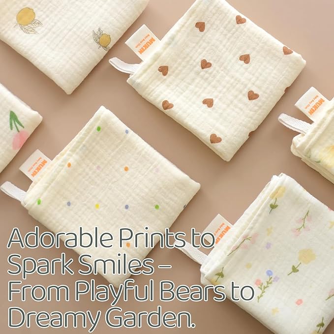 MUKIN Baby Muslin Washcloths and Burp Cloths, Floral Pattern Cotton Face Towels, Burping Cloths for Newborn,6-Pack,10x20 inches