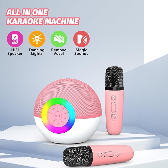 Mgaolo Mini Karaoke Machine for Kids Adults,Portable Bluetooth Speaker with 2 Wireless Microphones,Gift Toys with MP3 Player for Boys Girls 3-12 Year Old Birthday Family Home Party Present (Pink)