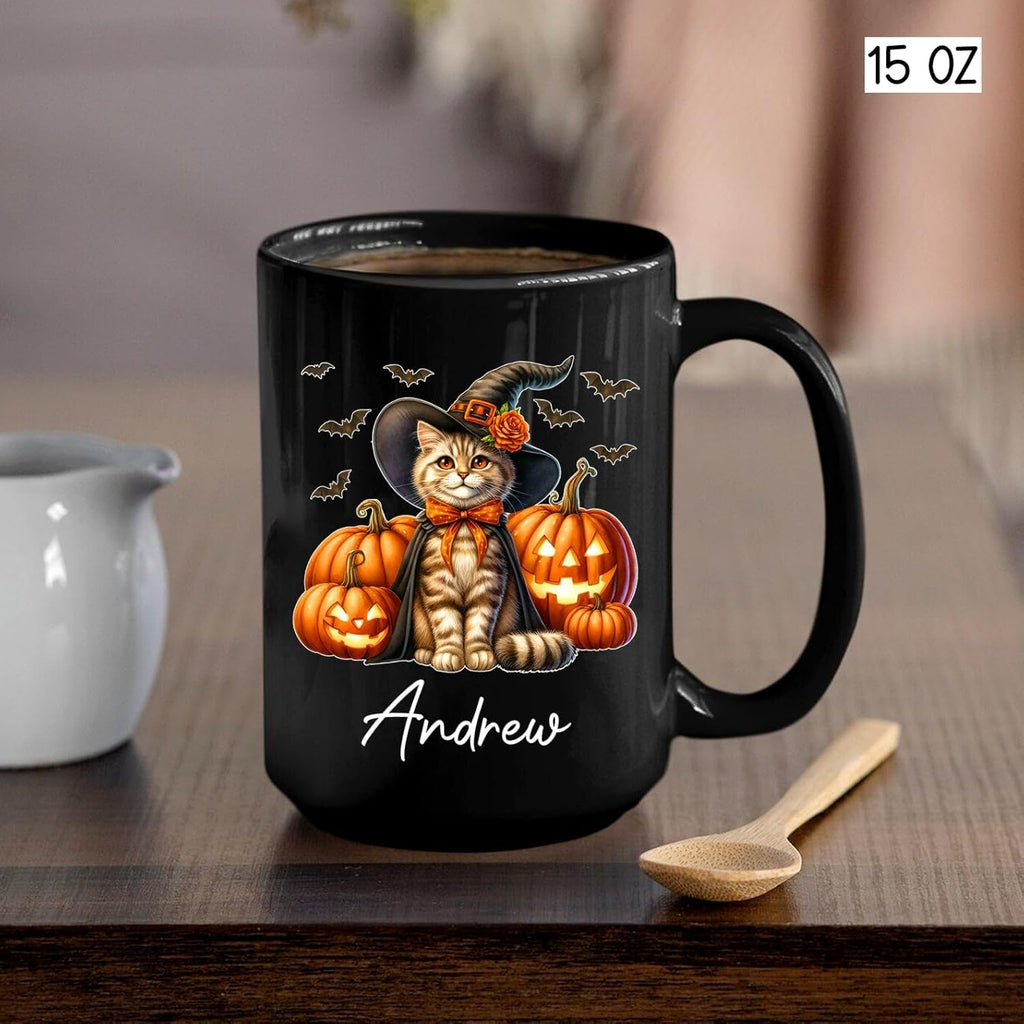 Personalized American Bobtail with Pumpkins Coffee Cup, American Bobtail Wearing Witch Hat Mug, Custom Name Halloween Cat Ceramic Mugs, Pet Black Cup 11oz 15oz, Gift for Cat Lover Pet Owner